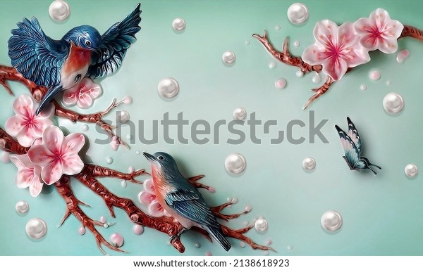 3D digital wallpaper flower and birds, butterfly, tree beautiful background design and pearls