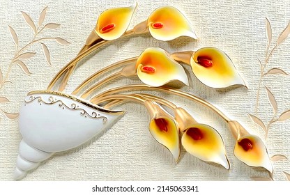 3D Digital Wallpaper Yellow Flower With Sankh And Texture Background Luxury Design