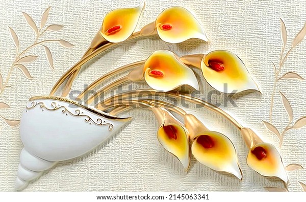 3D digital wallpaper yellow flower with sankh and texture background luxury design