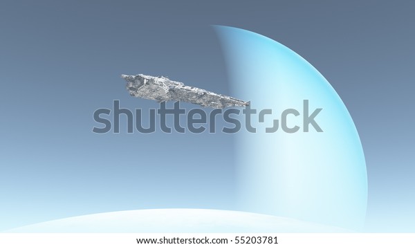 3d Digitally\
rendered illustration of a space cruiser about to land of the\
surface of a distant alien\
planet