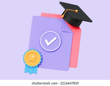 3D Diploma document with graduation hat and award ribbon. Paper with check mark. Certificate and medal. Premium quality. Cartoon creative design icon isolated on purple background. 3D Rendering - Powered by Shutterstock