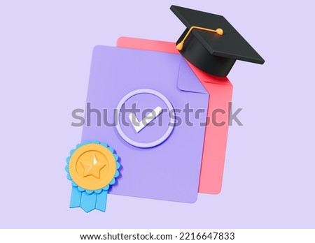 3D Diploma document with graduation hat and award ribbon. Paper with check mark. Certificate and medal. Premium quality. Cartoon creative design icon isolated on purple background. 3D Rendering