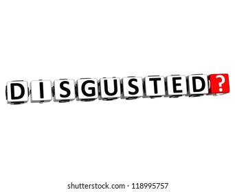 3D Disgusted Button Click Here Block Text over white background