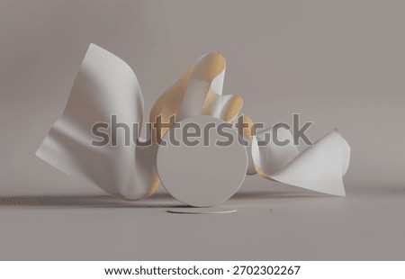 3D display podium, beige background with pedestal and flying nude color silk cloth curtain.Nature wind. Beauty, cosmetic product presentation stand. Luxury feminine mockup 3d render advertisement	