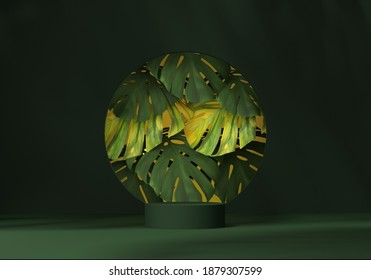 3D Display Podium Dark Green Tropical Nature Background. Plant Monstera Palm Leaf, Round Copy Space. Nature Minimal Pedestal For Product Presentation. Abstract Jungle Mockup, Exotic Template 3d Render