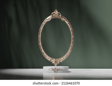 3D display podium green background. Luxury old antique gold frame. Glamour minimal pedestal for beauty, cosmetic product presentation. Feminine copy space template, luxury studio, 3d render