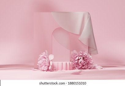 3D Display Podium Pastel Pink Flower  Background. Peony Blossom, For Woman Gift. Nature Minimal Pedestal For Beauty, Cosmetic Product Presentation. Valentine, Feminine Copy Space Template 3d Render