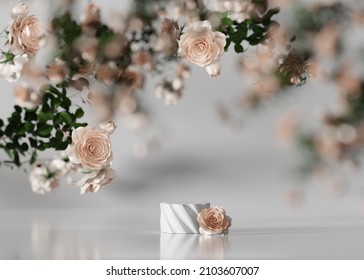 3D display podium pastel pink flower on white background. Orange Rose. Nature minimal beauty pedestal, cosmetic product presentation. Valentine, feminine copy space, empty template 3d render