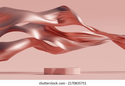 3D Display Podium, Pink Background With Pedestal And Flying Silk Cloth Curtain.Nature  Wind. Beauty, Cosmetic Product Presentation Stand. Luxury Feminine Banner Template 3d Render Advertisement