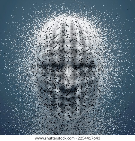 3D dissolving human head made with cube particles. Deep learning, Artificial intelligence. This is a 3d render illustration