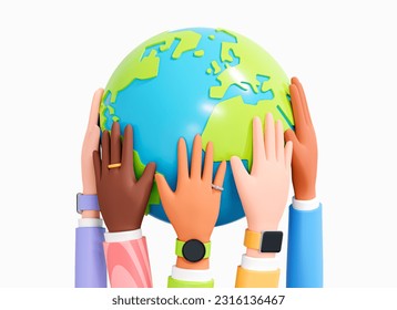 3D Diverse hands holding globe. Multicultural characters supporting each other. Partnership in solving global problems. Earth protection. Help ecology. Cartoon creative design illustration. 3D Render - Powered by Shutterstock