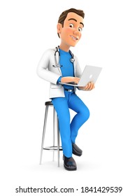 3d Doctor Sitting On Stool With Laptop, Illustration With Isolated White Background