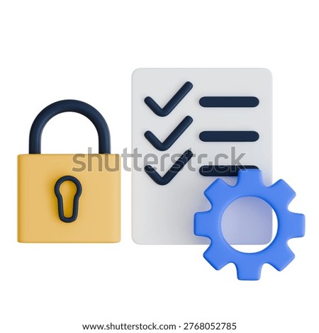 3D document checklist with a padlock and gear icon representing permission settings, access rights, and security policy configuration.