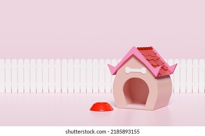 3d Dog House And Bone Symbol, Pets Kennel Cartoon Empty, Fence, Isolated On Pink Background. 3d Render Illustration