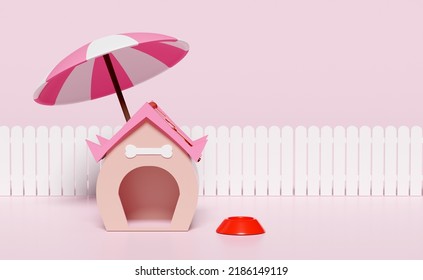 3d Dog House And Bone Symbol, Pets Kennel Cartoon Empty, Fence, Umbrella Or Parasol Isolated On Pink Background. 3d Render Illustration