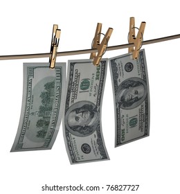 3d Dollars hanging from a rope on a white background isolated. Conceptual image.