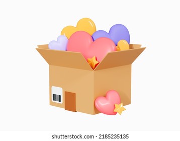 3D Donation Box With Hearts. Donate And Charity. World Humanitarian Day. Help From Volunteers. Support Concept. Social Care. Cartoon Creative Design Icon Isolated On White Background. 3D Rendering