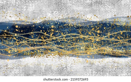 3d Drawing Abstract Marble Art Wallpaper For Wall Decor.Resin Geode Functional, Like Watercolor Geode Painting. Golden, Blue, White, And Gray Background	