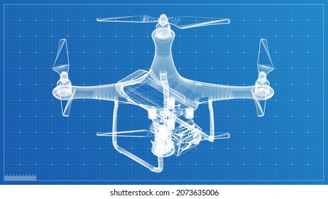 3d drone blueprint render. Technical industrial drone concept illustration. Wireframe drone blueprint, Industrial design blueprint