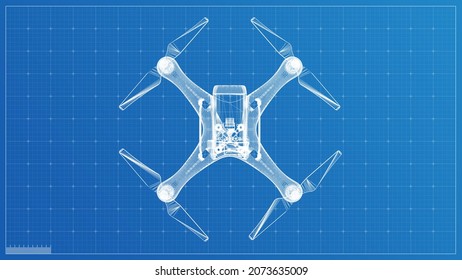 3d drone blueprint render. Technical industrial drone concept illustration. Wireframe drone blueprint, Industrial design blueprint
