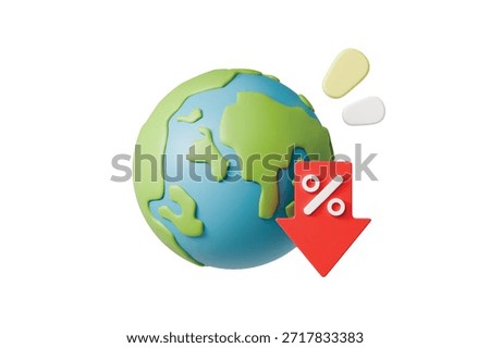 3d earth discount down arrow icon. price decrease concept. minimal cartoon globe percent badge for ecommerce banner. isolated on white transparent background. 3d render.
