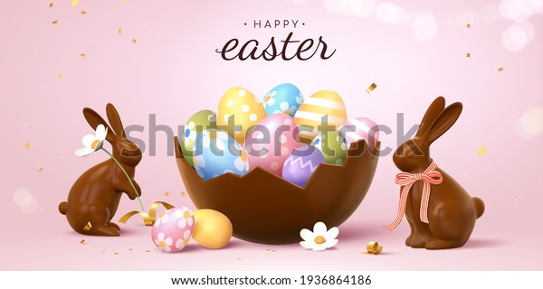 3d Easter banner with beautiful painted eggs in\
broken chocolate eggshell. Concept of Easter egg hunt or surprise\
gifts.
