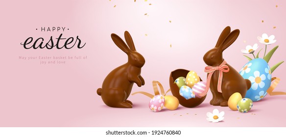 3d Easter Banner With Chocolate Rabbits And Beautiful Painted Eggs. Concept Of Easter Egg Hunt Or Egg Decorating Art.