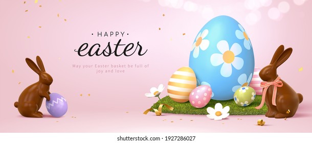 3d Easter Banner With Chocolate Rabbits And Beautiful Painted Eggs Set On Grass. Concept Of Easter Egg Hunt Or Egg Decorating Art.