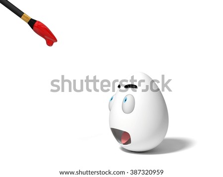 3d easter egg character and reaction before easter painting. isolated on white.