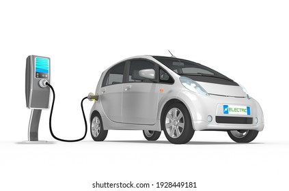 3d Electric Car Gray At The Charging Station, Isolated