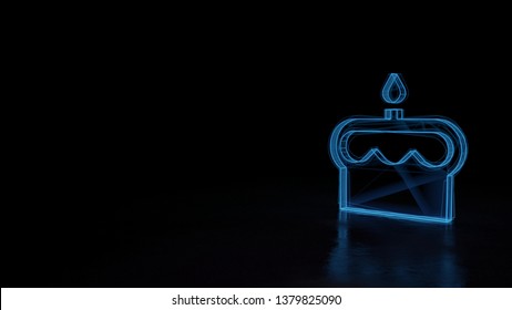 3d electric power symbol, techno neon glowing wireframe sign of birthday cake isolated on black background with distorted reflection on floor
