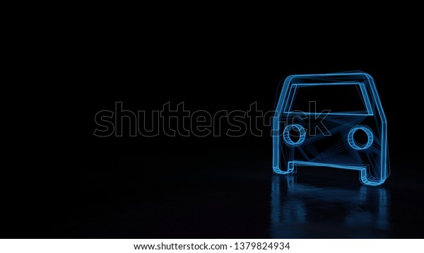3d electric power symbol, techno neon glowing\
wireframe sign of car isolated on black background with distorted\
reflection on floor