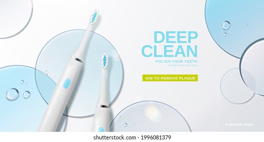 3d Electric Toothbrush Ad Template. Top View Of Realistic Toothbrushes With Blue Glass Disks And Water Droplets On White Table.