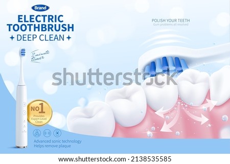 3d electronic tooth brush ad template. A toothbrush is cleaning between teeth with powerful vibration. Concept of good oral health.