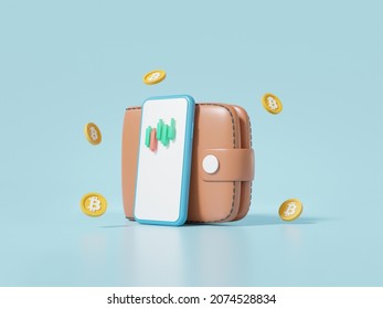 3D Electronic Wallet Cryptocurrency Trading Or Bitcoin Via Smartphone And Transaction Data Information Investment. Buy, Sell, Trader Concept. Minimal Cartoon. 3d Render Illustration