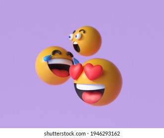 3D  Emoji And Emoticon Faces. Floating Emojis Or Emoticons With Surprise, Funny, And Laughing Isolated In Purple Background. 3d Render Illustration.