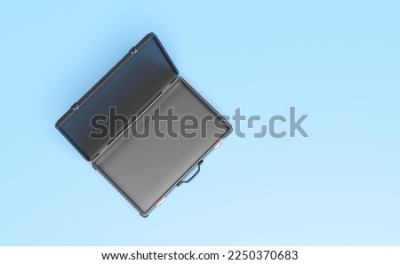 3d Empty black briefcase isolated on blue background. top view, investment or business finance concept, 3d render illustration, clipping path 
