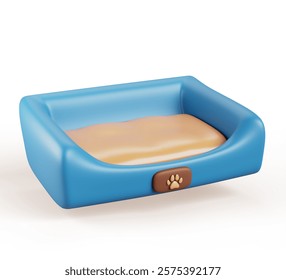 3d empty pet bed with paw print of dog or cat. Cartoon render icon of soft textile dog cushion or mattress with footprint label. Home cozy place for sleep and relax domestic animals. 3D Illustration