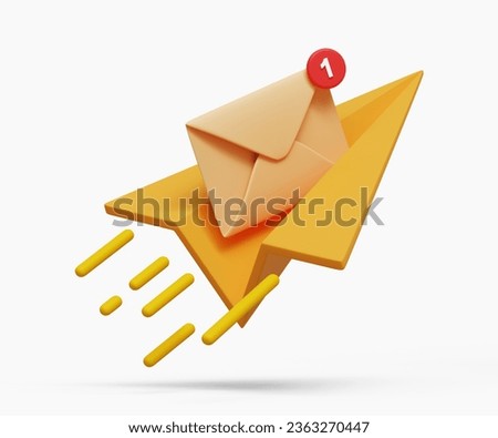 3D envelope with paper plane icon. Send mail notification, telegram, letter, online email concept. 3d illustration