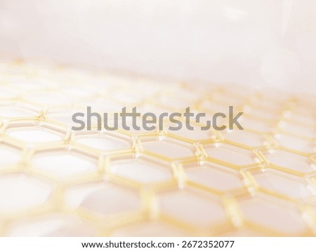 3d epidermis skin layer with elastin collagen hexagon pattern for skincare. Honeycomb geometric cell texture of gold oil, yellow honey mask, liquid cosmetic serum or hyaluronic acid. 3D Illustration