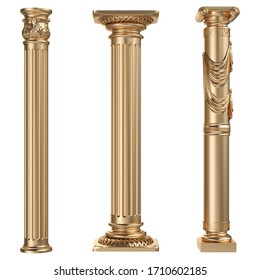 3D European style classical pattern golden pillars. 3D rendering European pillar on white background 