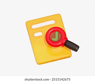 3D Evaluate result icon. File and magnifying glass. Concept of analyze project. Magnifier evaluation checklist icon. Trendy and modern in 3d style
