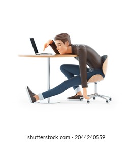 3d exhausted cartoon man leaning on his desk, illustration isolated on white background
