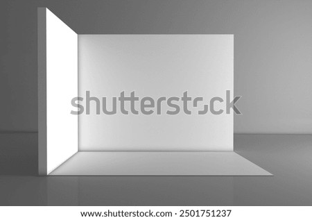 3D exhibition booth. Showroom. Square corner. Empty geometric square. Blank box template. White blank exhibition stand. Presentation event room.
