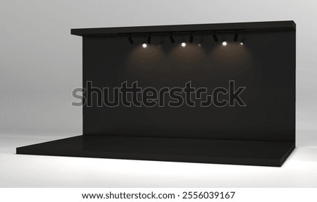 3D exhibition stand. Black empty geometric square. Black blank promotion.  Presentation event room display. Blank wall. Blank mock-up box product isolated. Mockup for press wall, pop up. Template