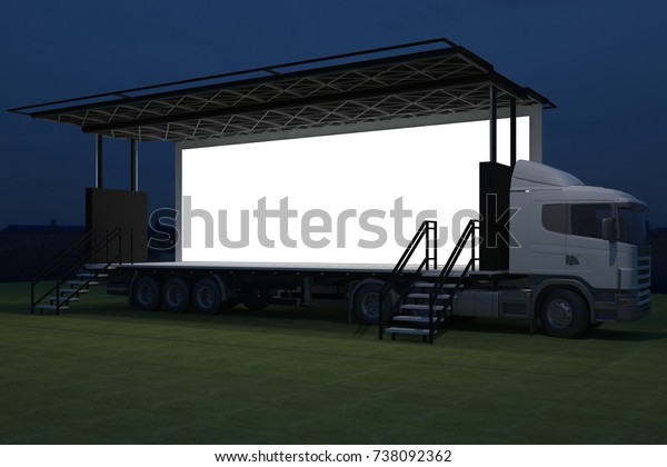 3D Exterior truck mobile stage event led tv\
light night staging render\
illustration