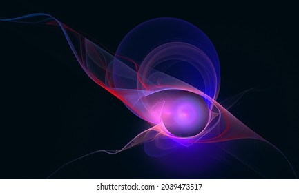 3d Eye In Purple Violet Blue In Deep Dark Space. Floating Fluid Substance, Ambient Flow, Cosmic Stream Of Infinity, Fairy Shape. Galactic Digital Concept. Great As Background, Design Element Or Cover.