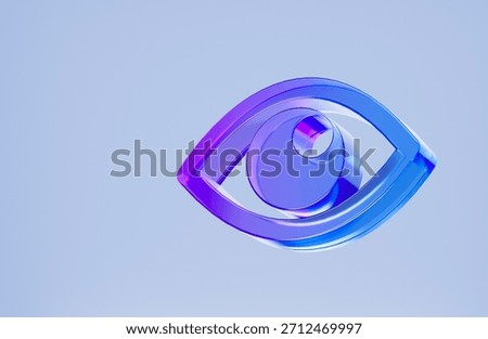 3D eye view icon, vision awareness concept. Colorful gradient glass like icon, trending glass holographic icon, for graphic design, UI UX interfaces, 3d render illustration.