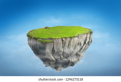 3D Fantasy Floating Island With Green Grass Land On Blue Sky, Surreal Float Rock Mountain With Paradise Concept 3d Illustration