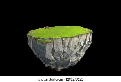 3D Fantasy Floating Island With Green Grass Land Isolated On Black, Surreal Float Rock Mountain With Paradise Concept 3d Illustration